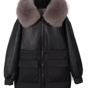 Women's Black Fox Fur Collar Coat